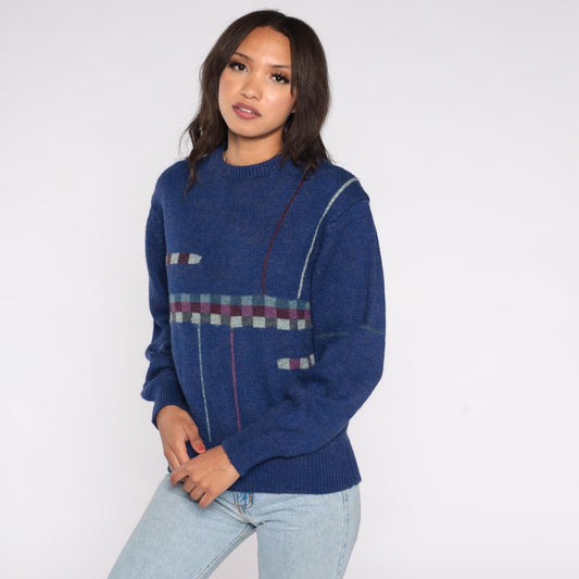 80s Navy Wool Blend Sweater Abstract Geometric Pattern Crewneck Medium