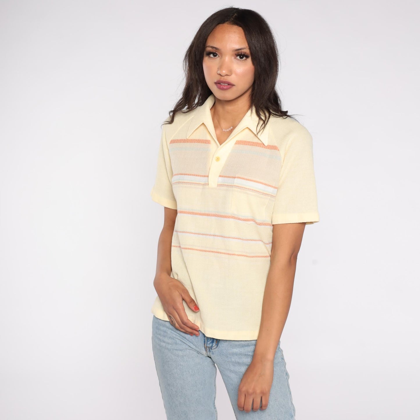 70s Charisma California Knit Polo Shirt Yellow Striped Collared Large