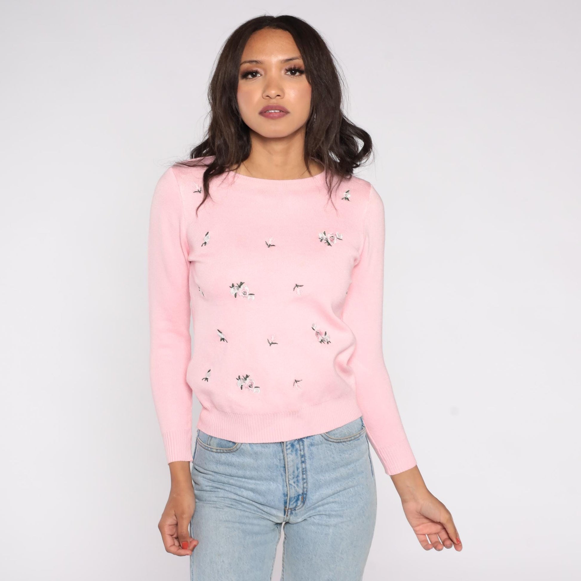 70s Pink Floral Embroidered Knit Sweater Crew Neck Long Sleeve Small S