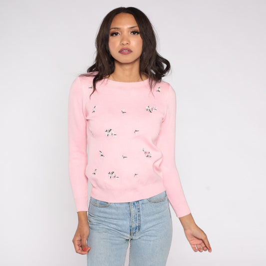 70s Pink Floral Embroidered Knit Sweater Crew Neck Long Sleeve Small S