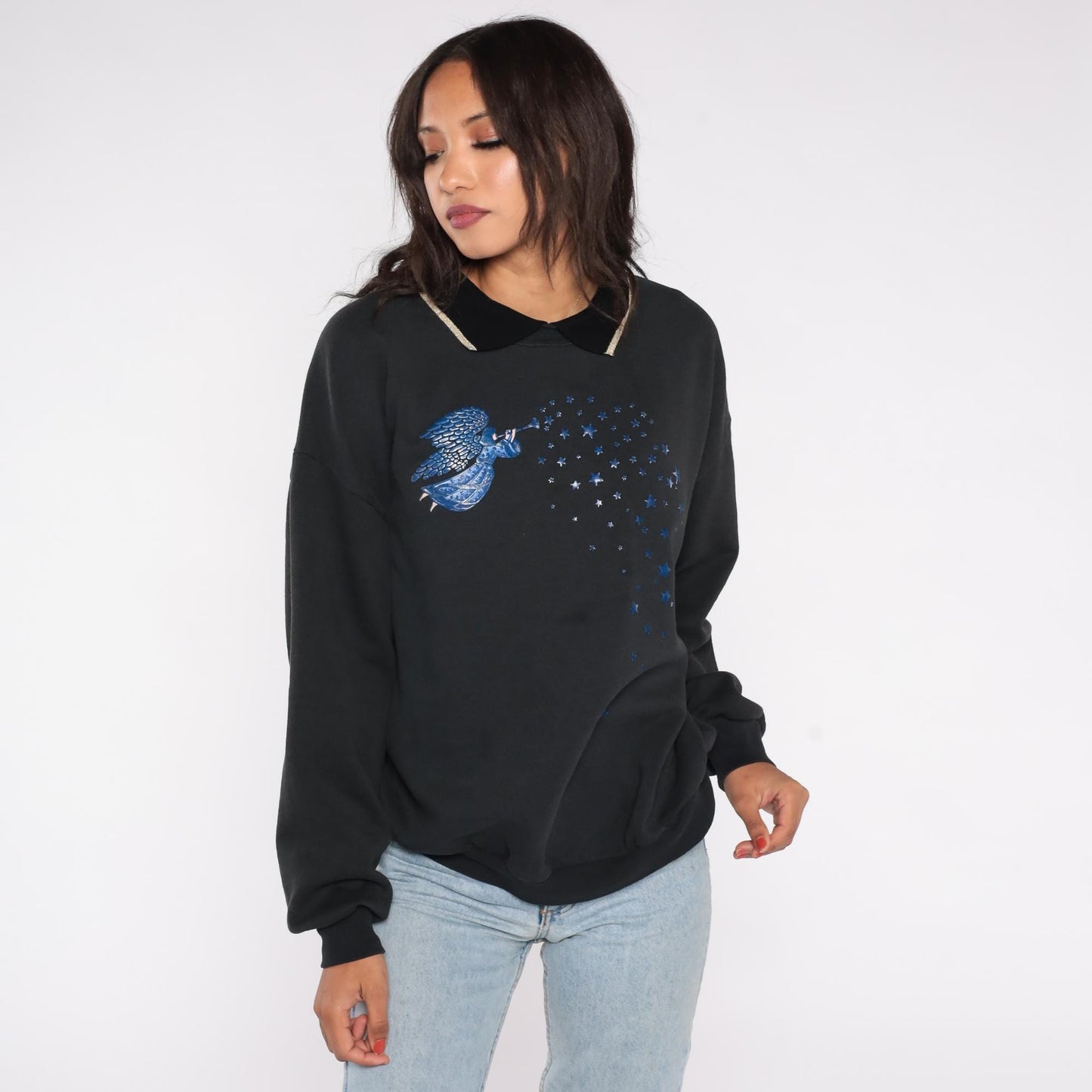 90s Morning Sun Angel Celestial Sweatshirt Black Blue Graphic Cotton Plus 1X