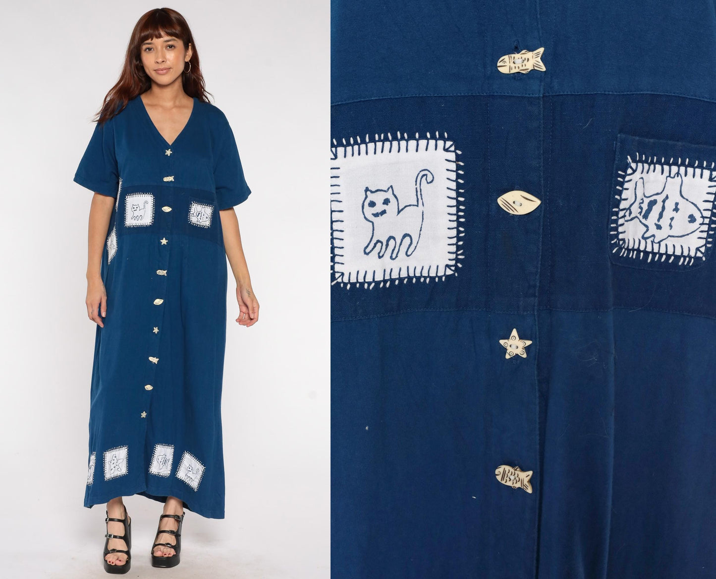 Y2K Navy Caftan Cat Fish Embroidered Button Front Maxi Cotton XL