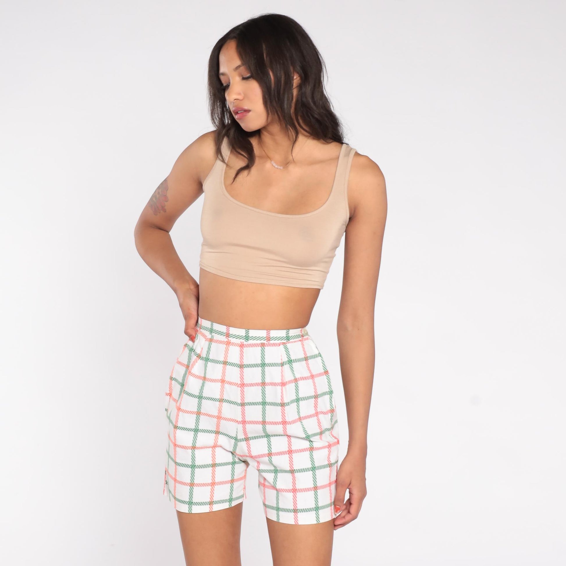 60s Plaid High-Waist Shorts White Red Green Windowpane Check Extra Small XS
