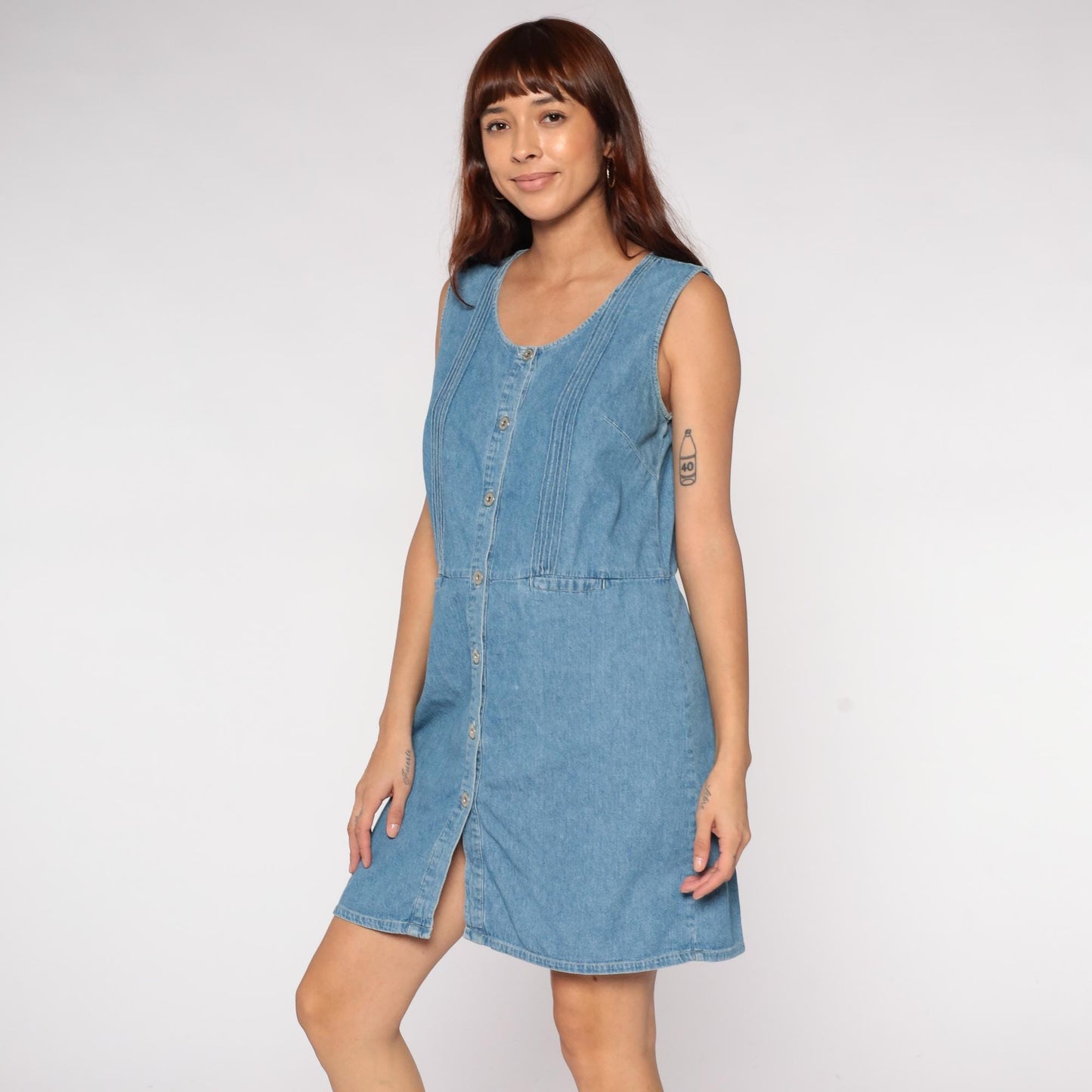 90s Blue Denim Mini Dress Empire Waist Sleeveless Button Front Medium M