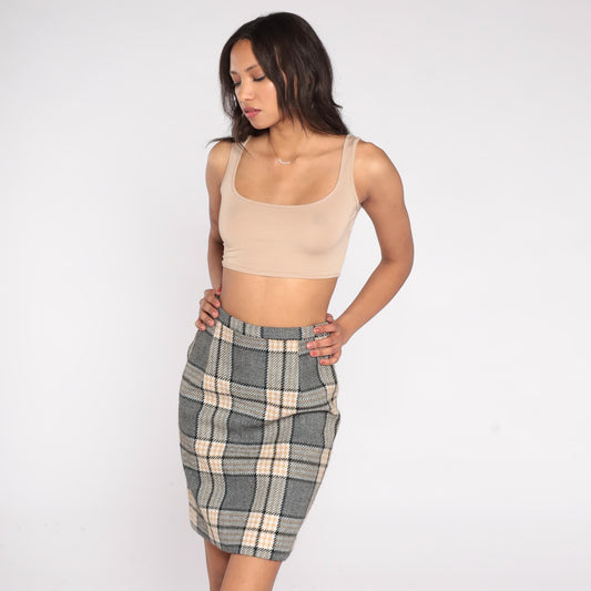 70s Plaid Wool Mini Skirt High Waist Pencil Tailored Grey Cream Black Extra Small XS