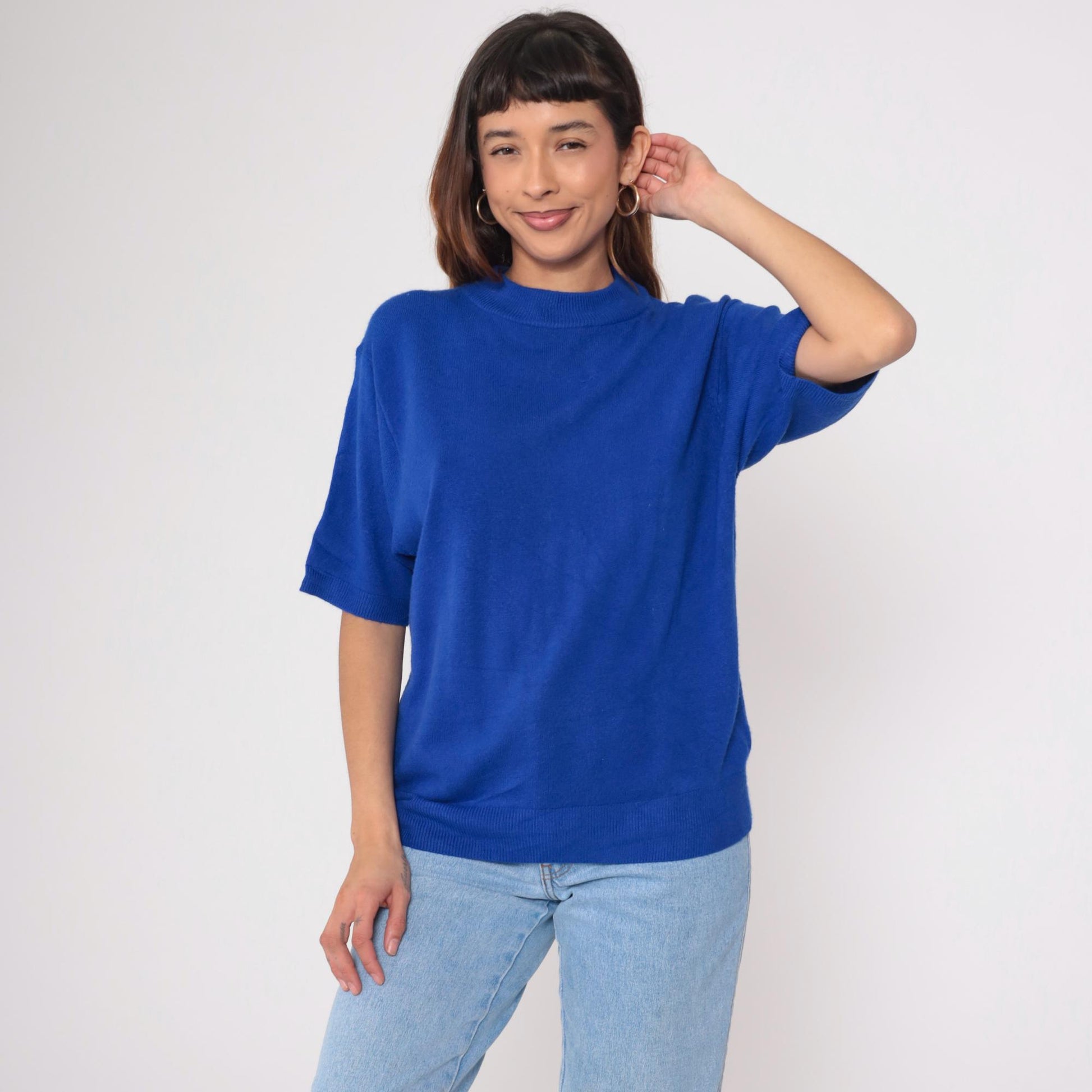 90s Royal Blue Crew Neck Short Sleeve Knit Sweater Large L