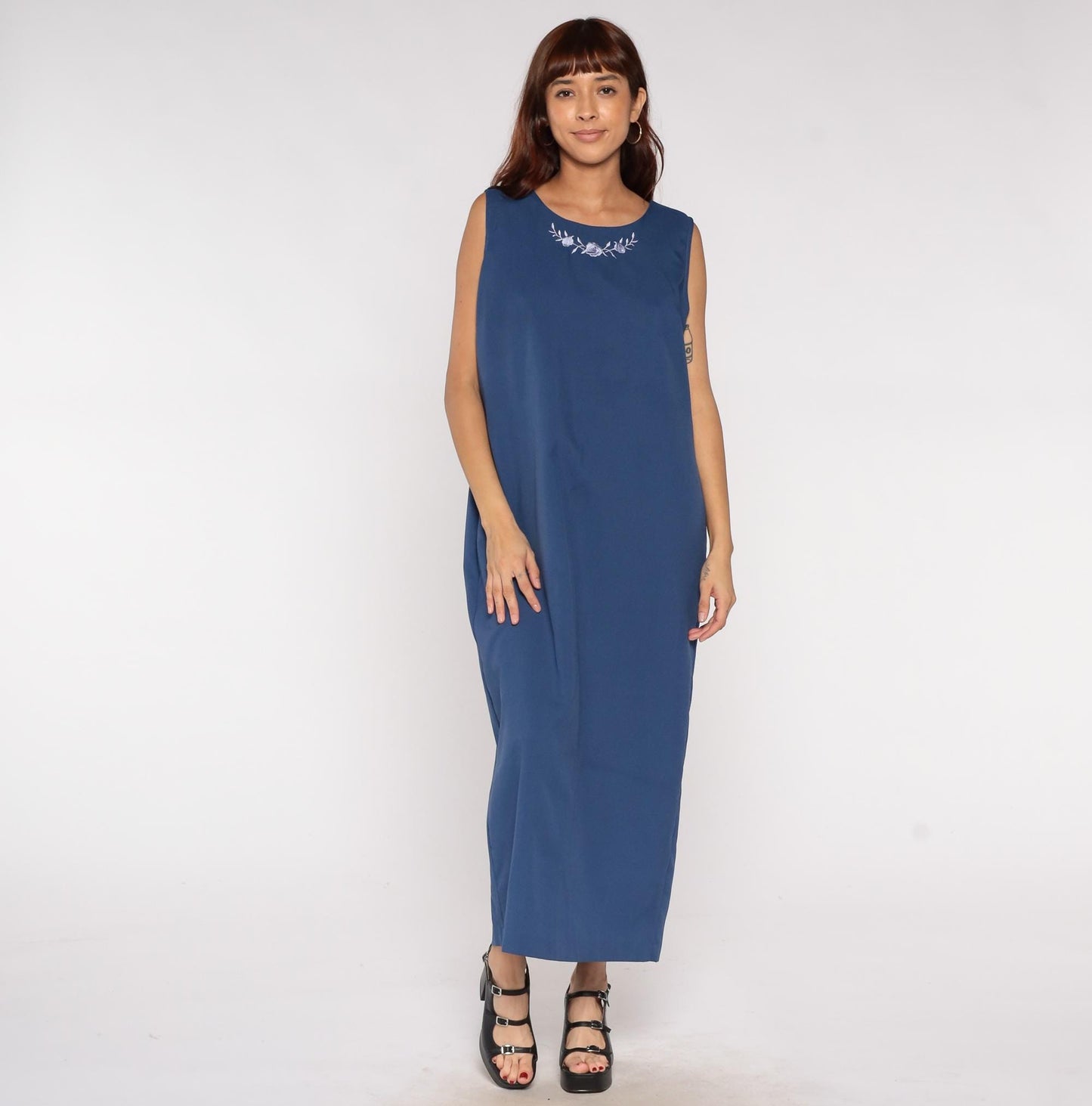 90s BFA Classics Navy Maxi Dress Embroidered Floral Neckline Sleeveless Extra Large XL