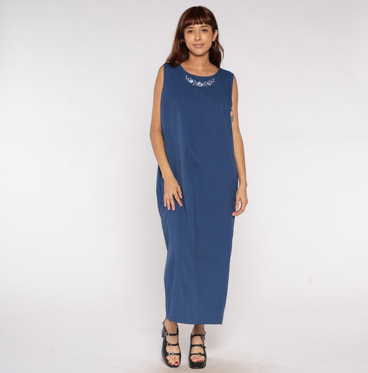 90s BFA Classics Navy Maxi Dress Embroidered Floral Neckline Sleeveless Extra Large XL