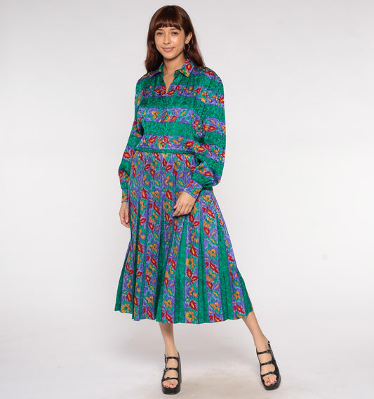 80s Adrianna Papell Silk Midi Dress Floral Print Collared Long Sleeve Medium