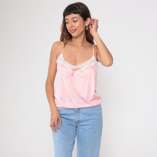 80s Pink Satin Camisole Nylon Lace Trim Bow Tank Medium