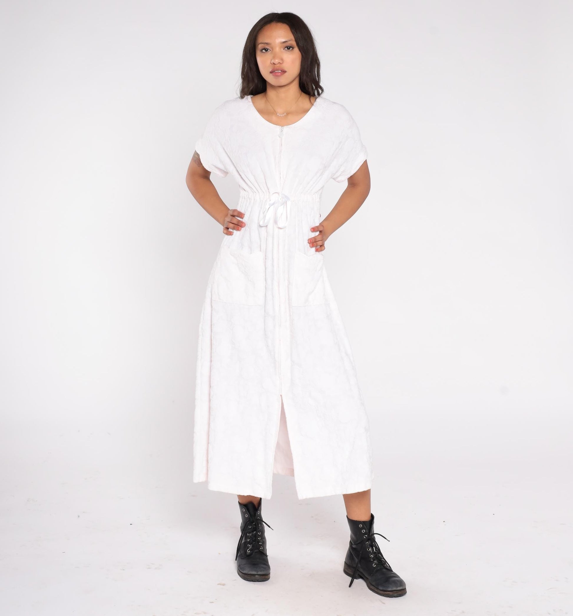 90s Eileen West Blush Pink Cotton Midi Dress Small Pockets