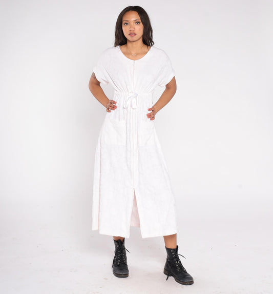 90s Eileen West Blush Pink Cotton Midi Dress Small Pockets