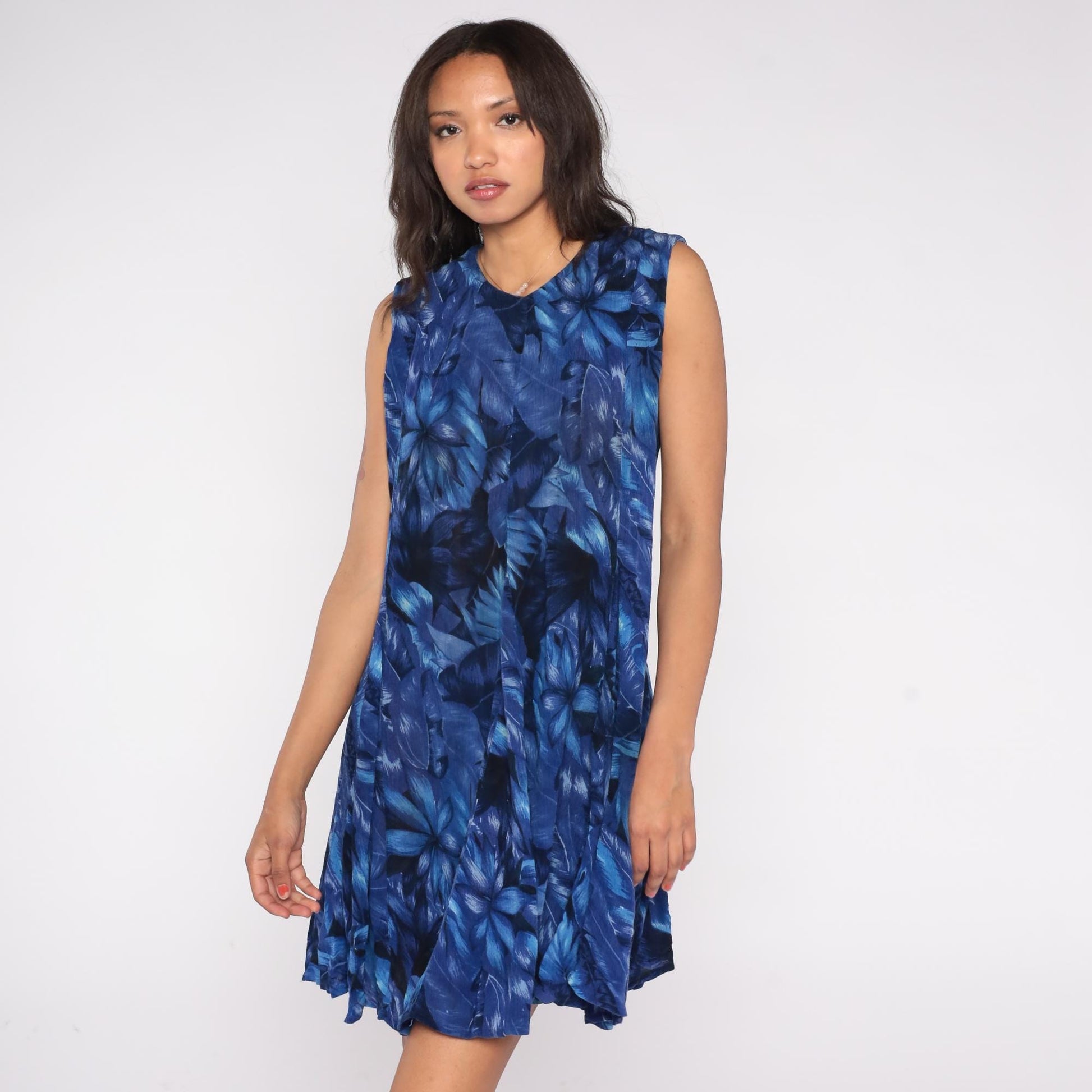 90s American Angel Blue Floral Rayon Mini Dress Keyhole Back Small S