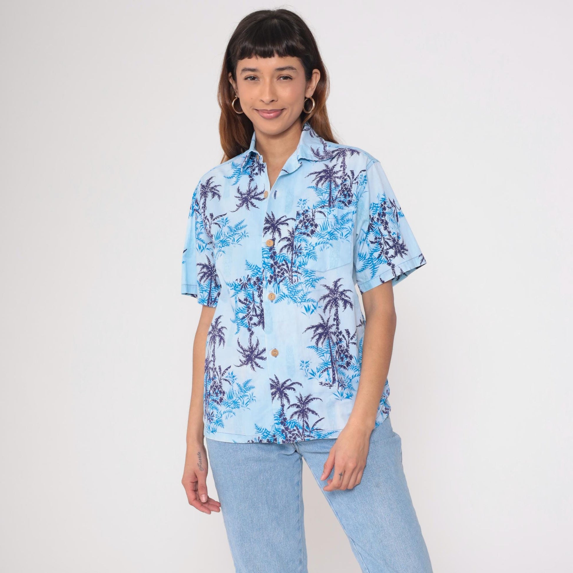 70s Tropicana Hawaiian Shirt Blue Palm Tree Fern Camp Collar Medium