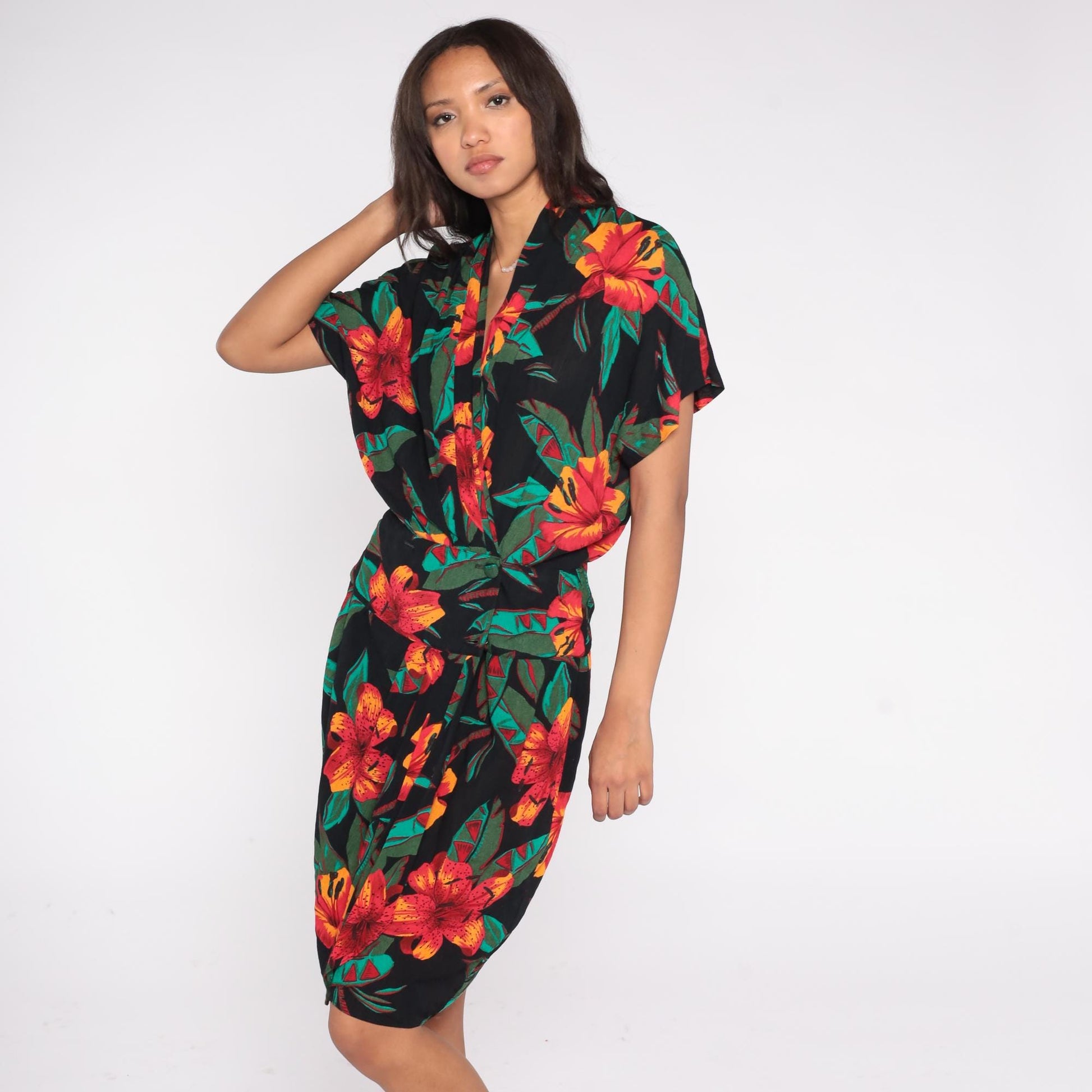 90s Casual Corner Tropical Floral Midi Wrap Dress Black Red Orange Green Medium