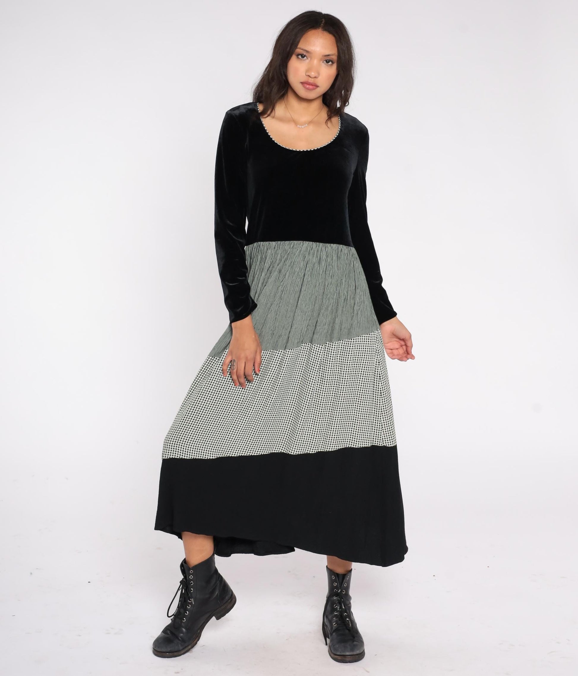 90s Jeffrey & Dara Velvet Gingham Midi Dress Black Green Pleated Long Sleeve Medium