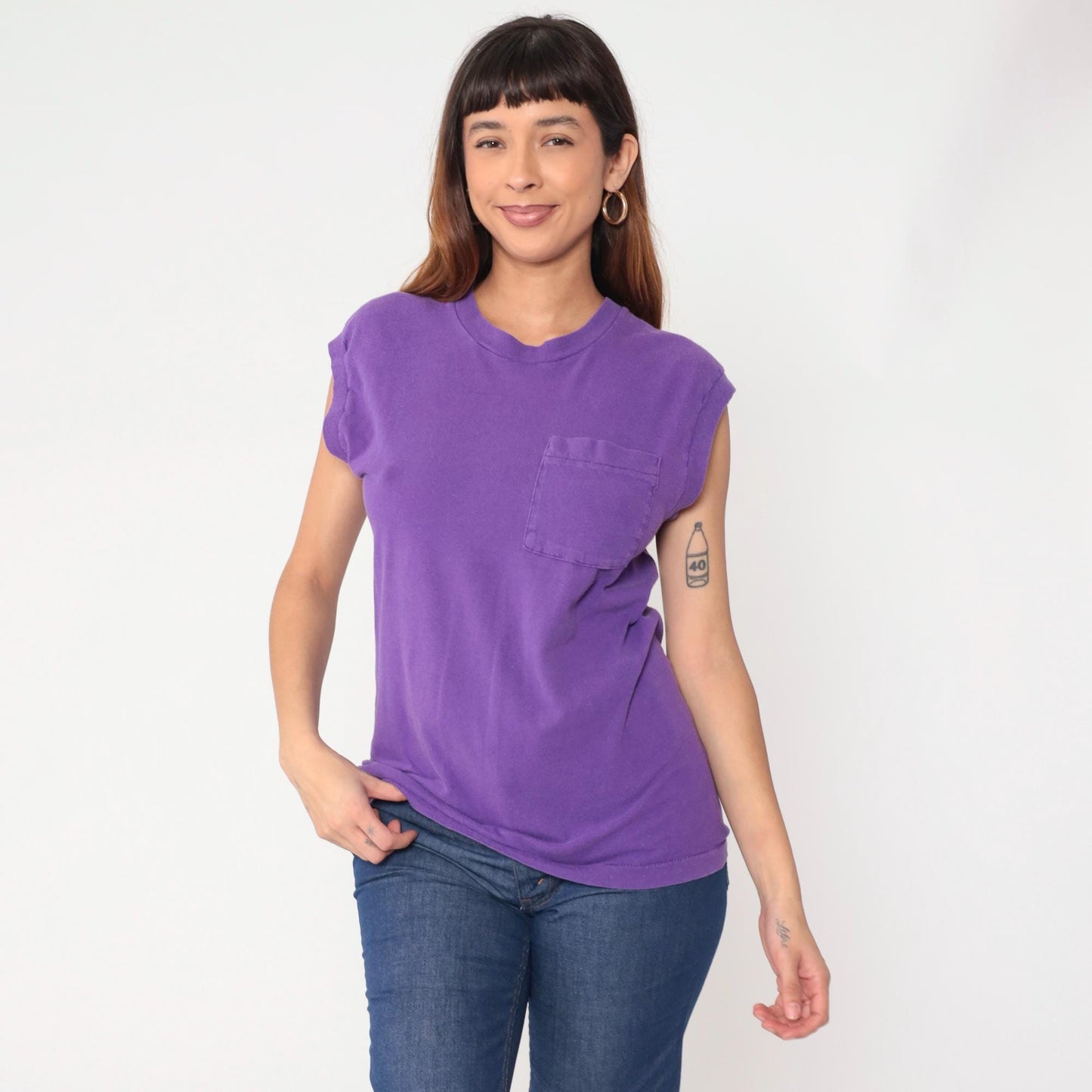 90s Fruit of the Loom Purple Muscle Tee Cotton Pocket Crewneck Medium M
