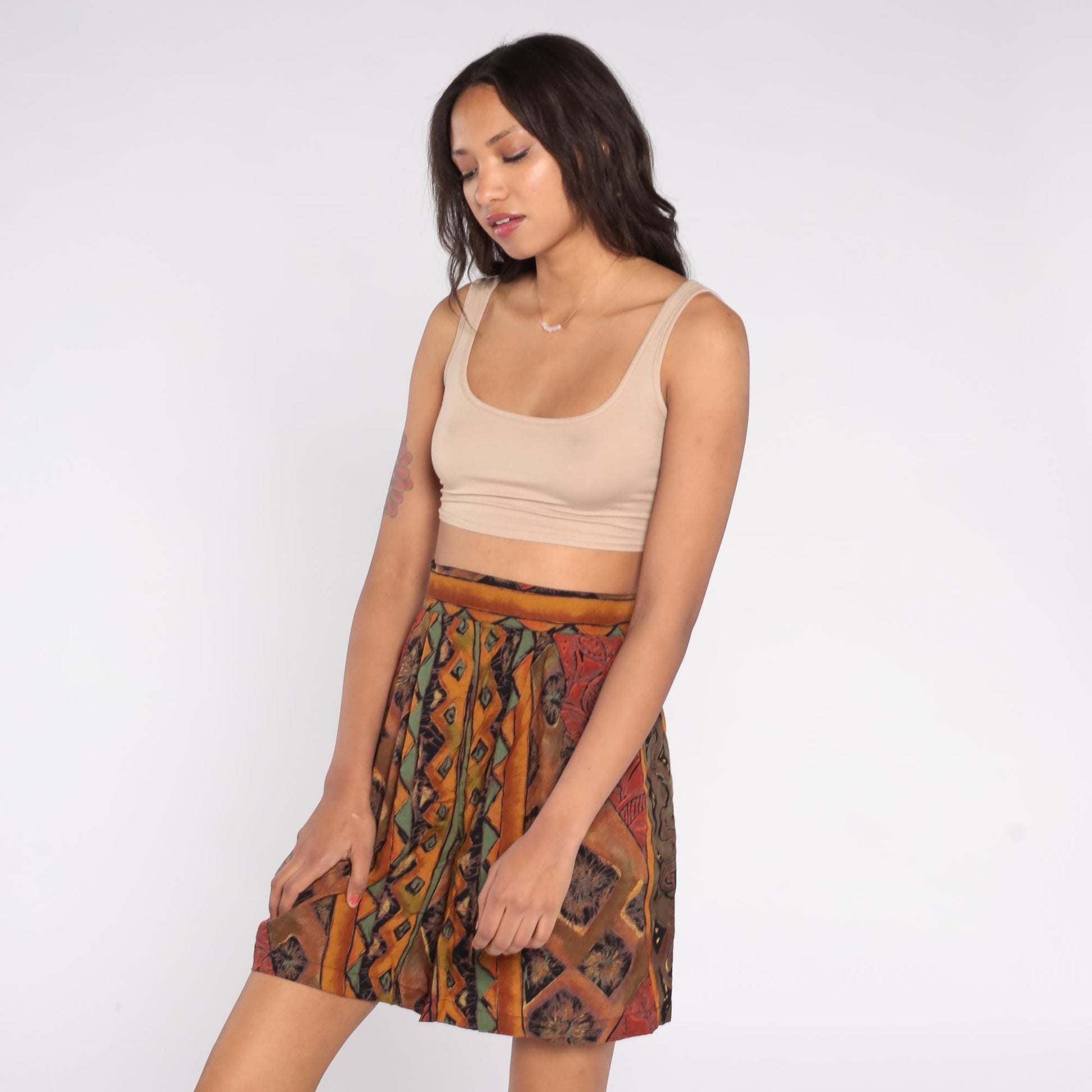 90s Caliche Abstract Geometric Shorts High Waist Brown Orange Green Medium Large