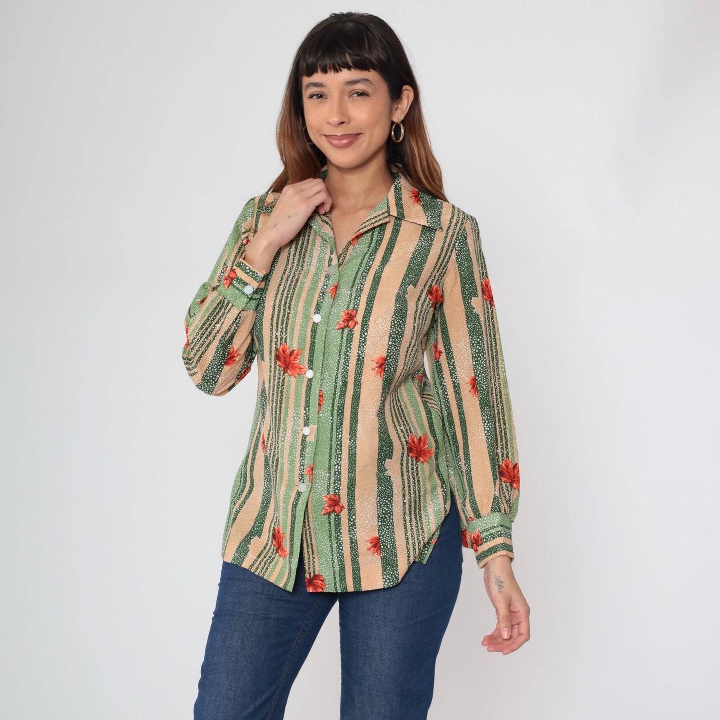 70s Pykettes Maple Leaf Striped Button-Up Blouse Green Peach Medium M