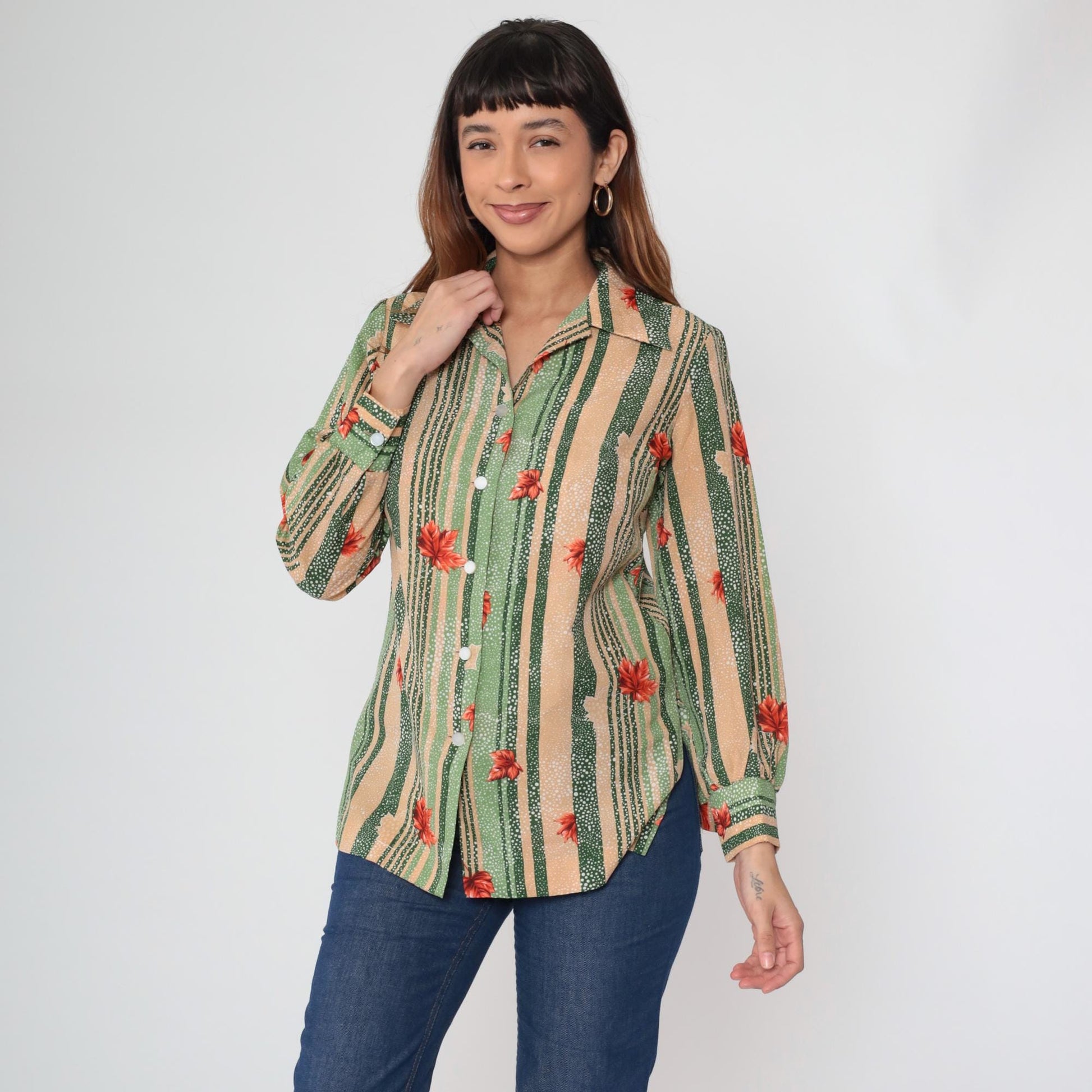 70s Pykettes Maple Leaf Striped Button-Up Blouse Green Peach Medium M