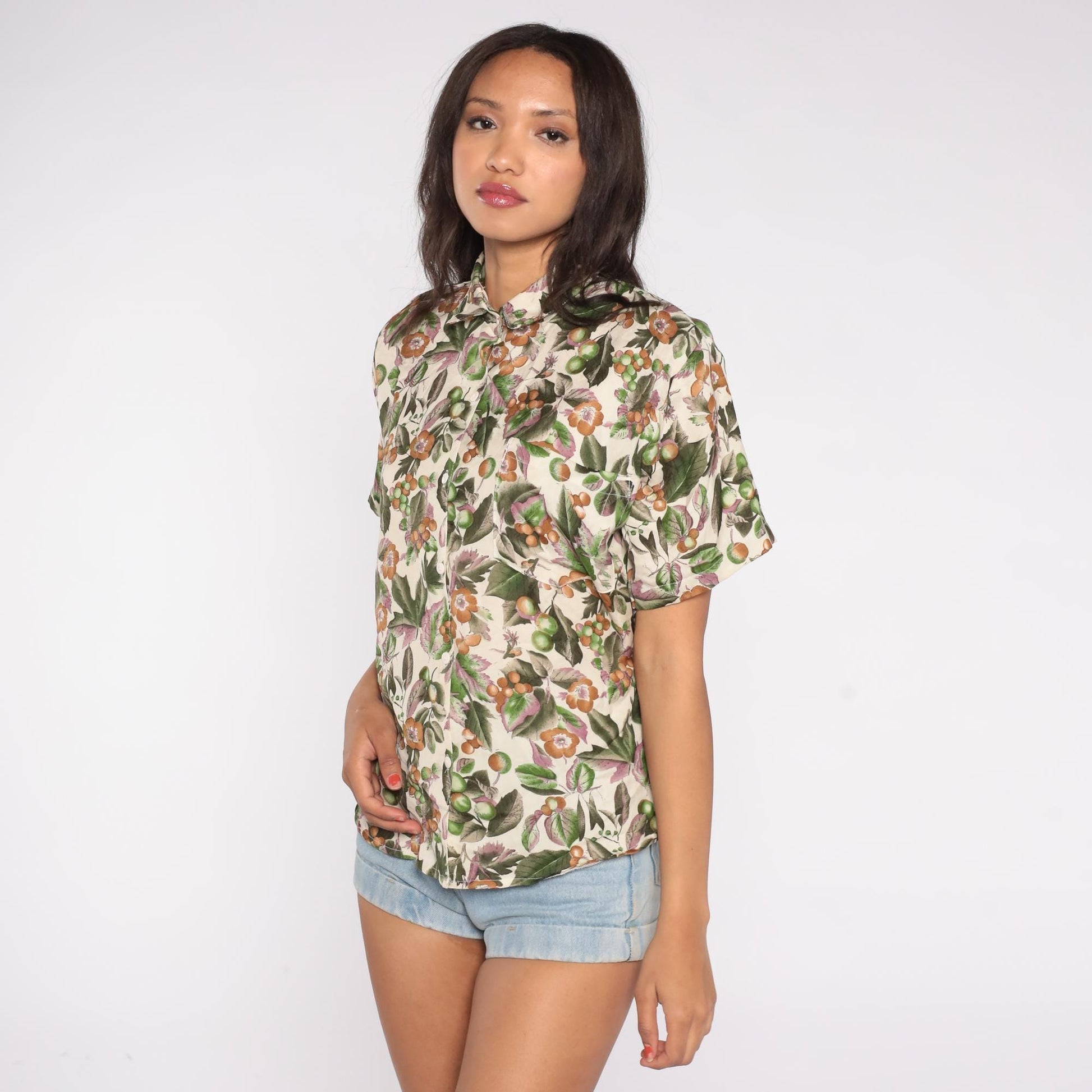 70s Botanical Print Button Down Shirt Cream Green Orange Brown Floral Large L