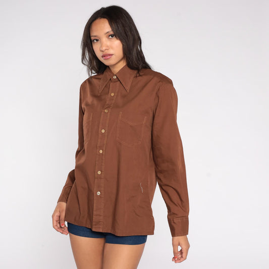 70s JCPenney Chocolate Brown Button-Up Shirt Contrast Stitch Pointed Collar Medium