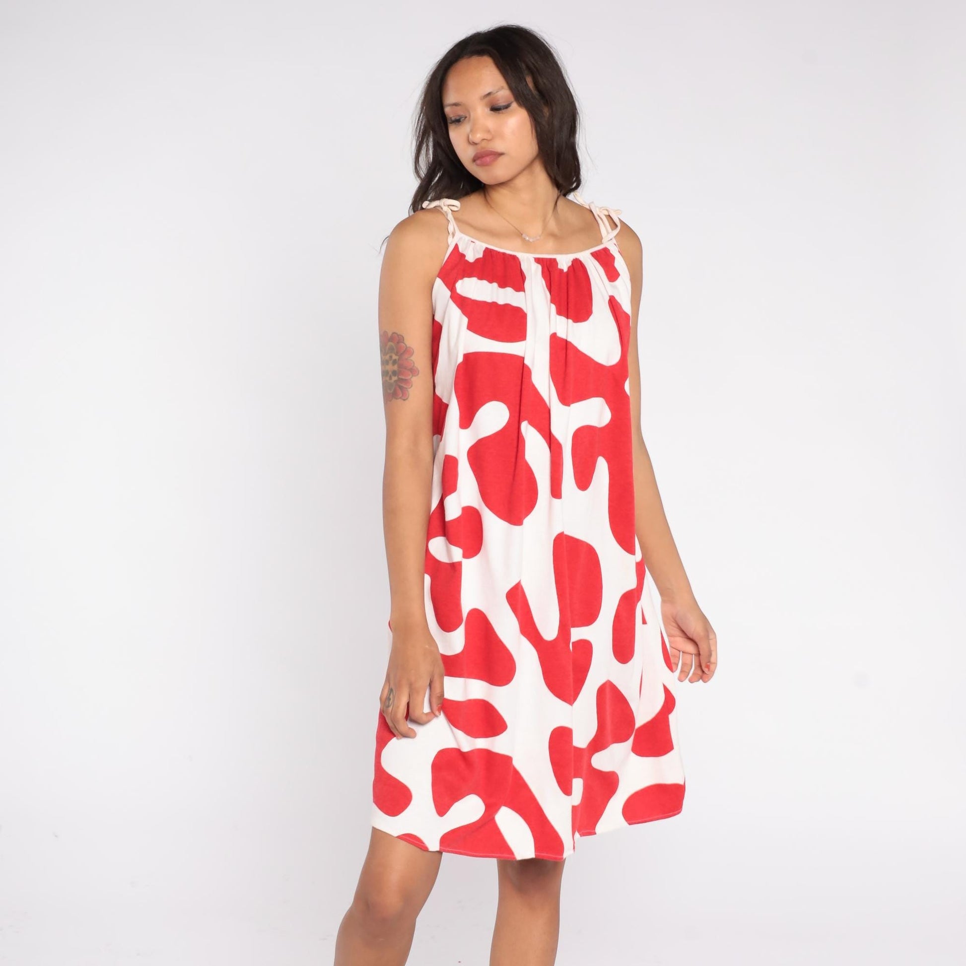 80s Abstract Red White Midi Dress Tie Shoulder Trapeze Sleeveless Small