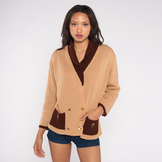 70s Camel Cardigan Shawl Collar Embroidered Pockets Brown Trim Medium
