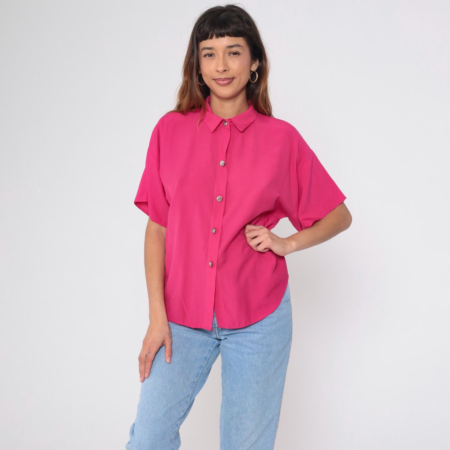 90s La Fever Hot Pink Button Up Blouse Silver Buttons Short Sleeve Medium M
