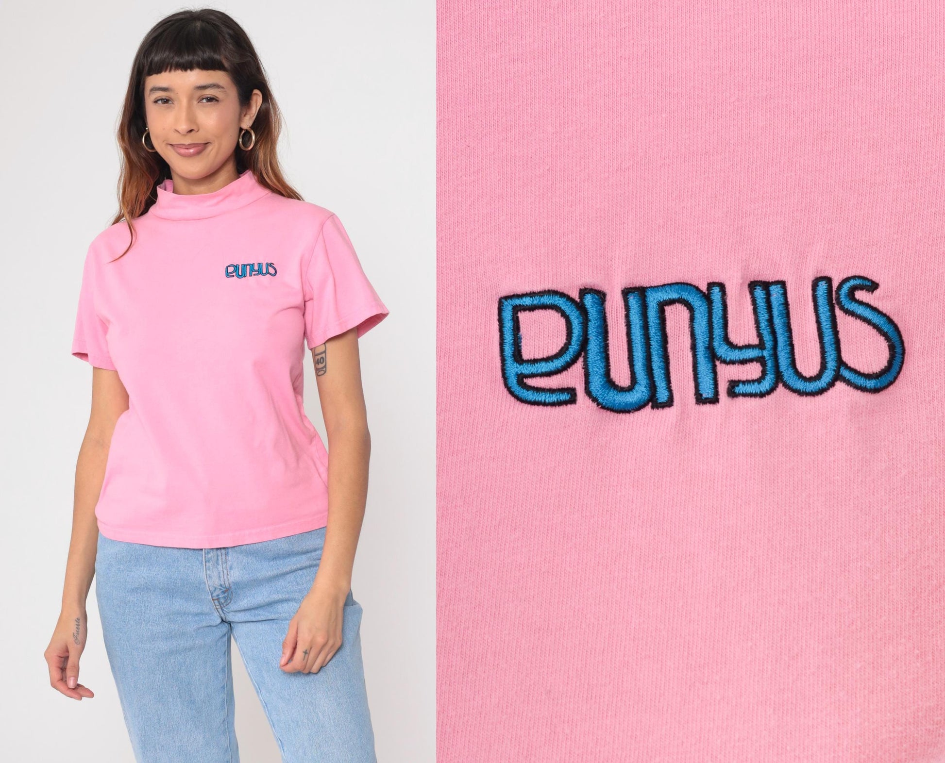 90s Punyus Y2K Pink Cotton Mock Neck Tee Japanese Brand Medium M
