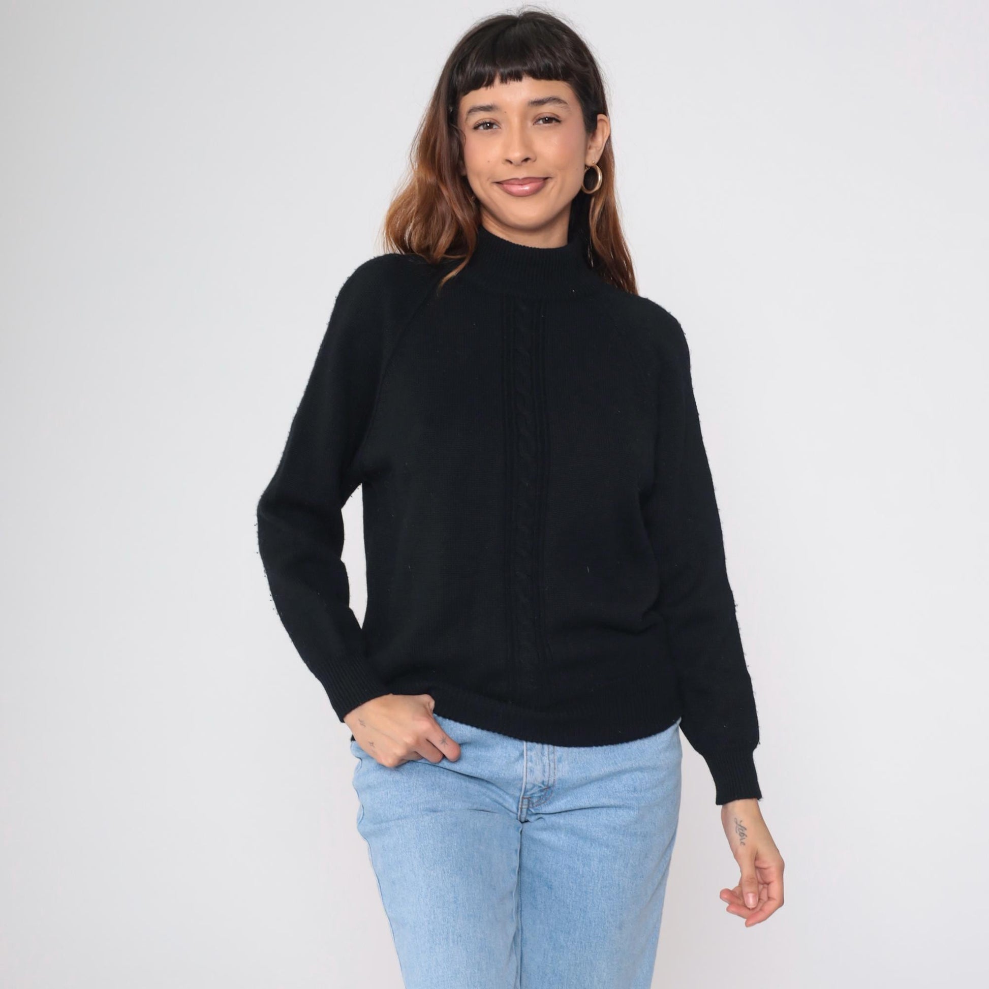 90s Liz Claiborne Black Merino Wool Mock Neck Sweater Cable Knit Small S