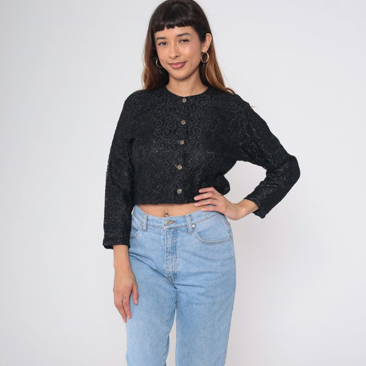 90s Black Lace Crop Top Blouse Indian Embroidery Gold Thread Button Front Small