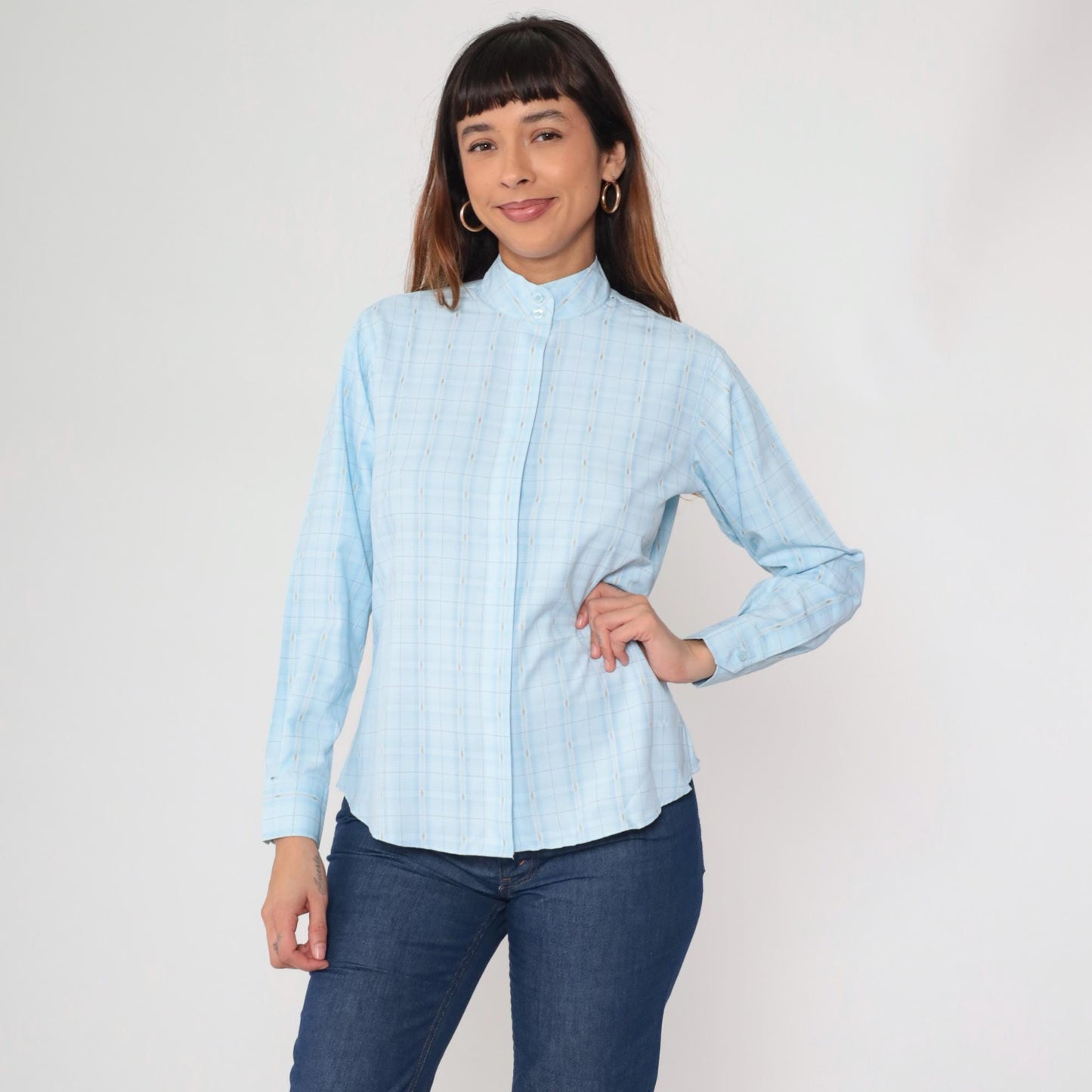 80s Royal Highness Powder Blue Mandarin Collar Blouse Windowpane Check Large