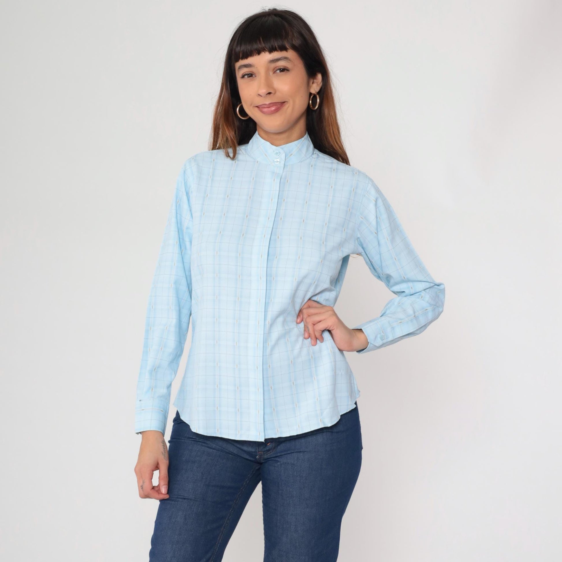 80s Royal Highness Powder Blue Mandarin Collar Blouse Windowpane Check Large