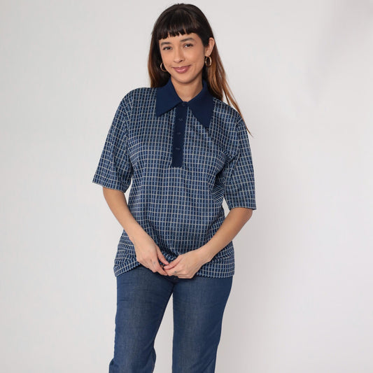 70s Leonardo Strassi Navy Grid Pattern Polo Shirt Short Sleeve Large L
