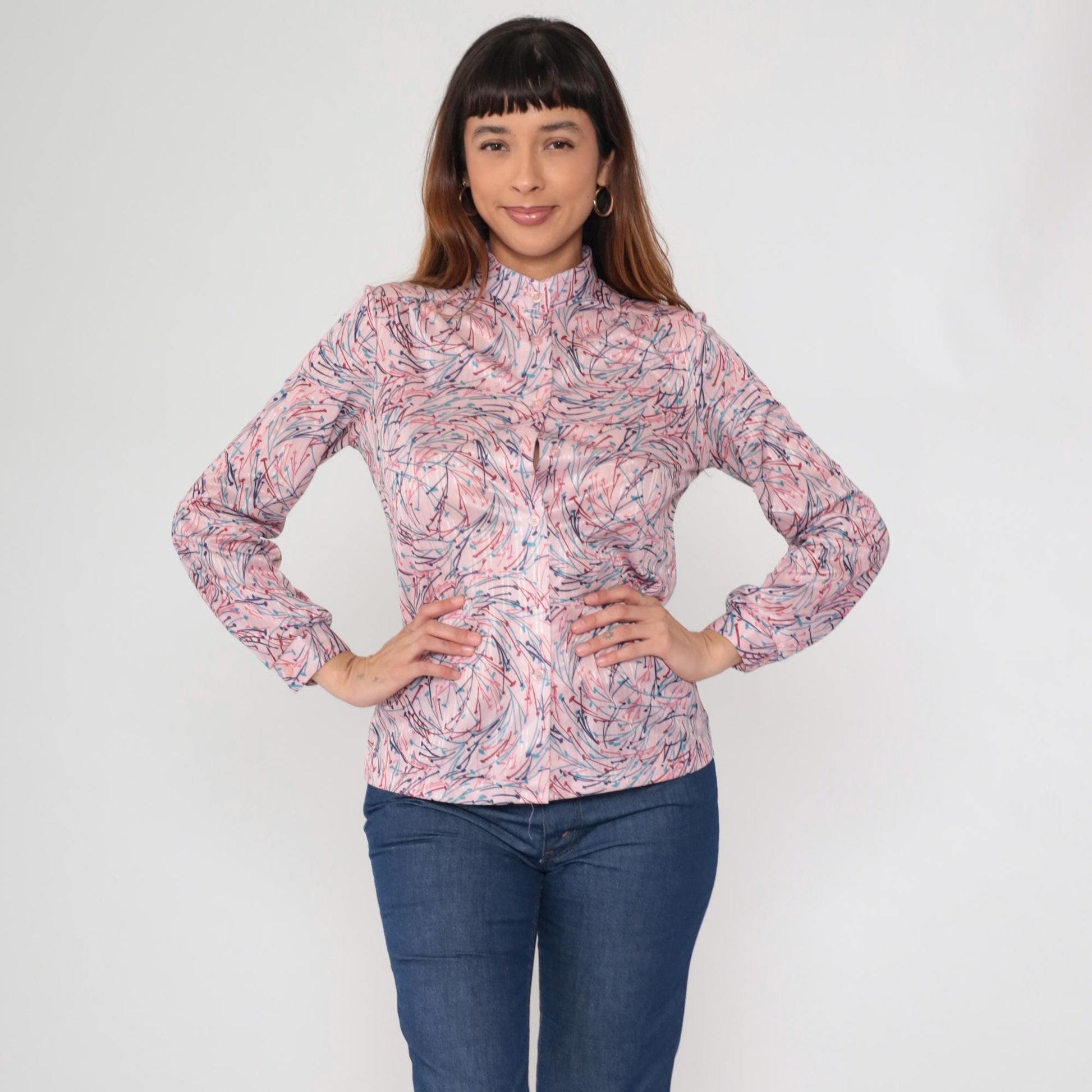 70s Devon Abstract Brushstroke Blouse Pink Navy Mandarin Collar Medium M
