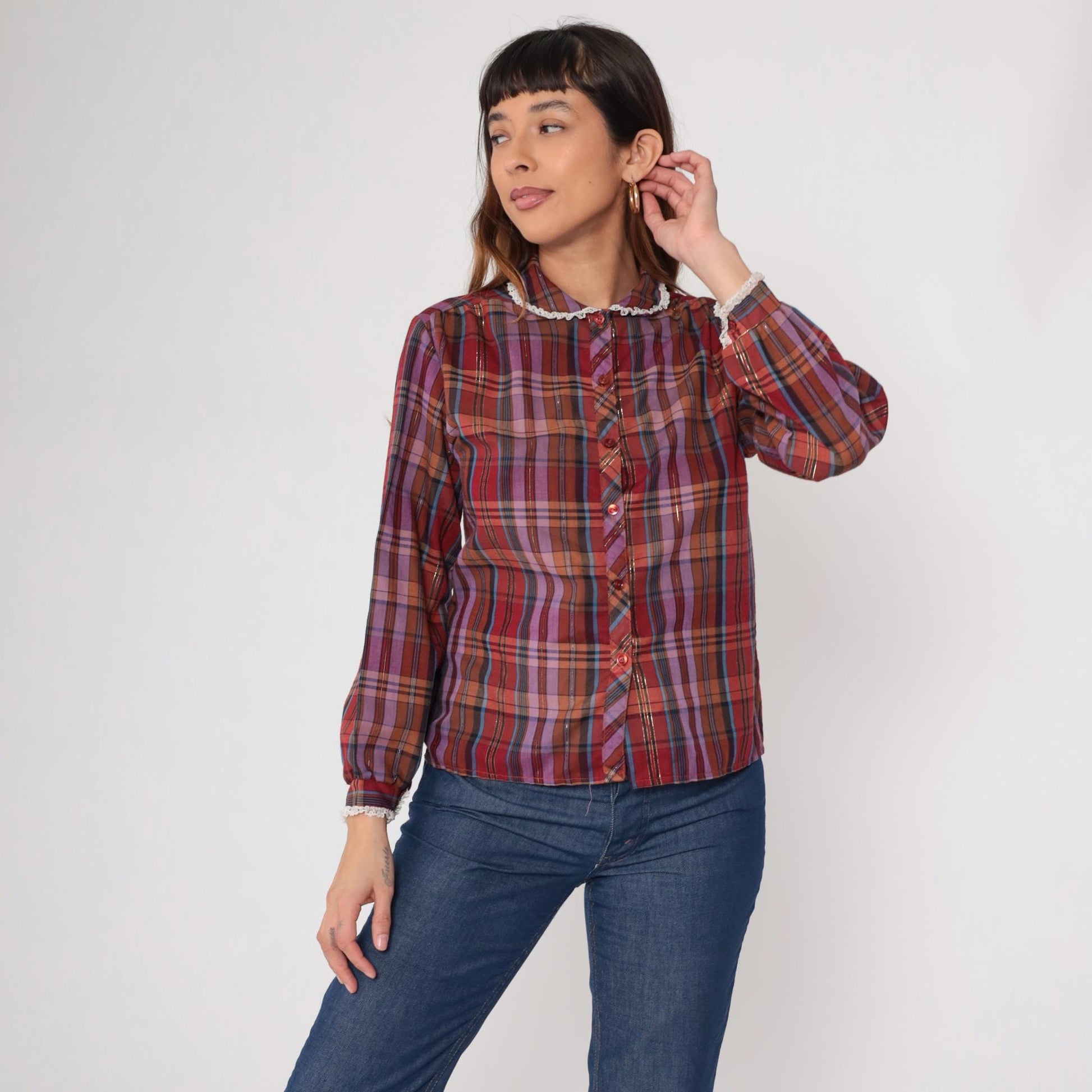 70s Burgundy Plaid Blouse Lace Collar Long Sleeve Prairie Shirt Medium