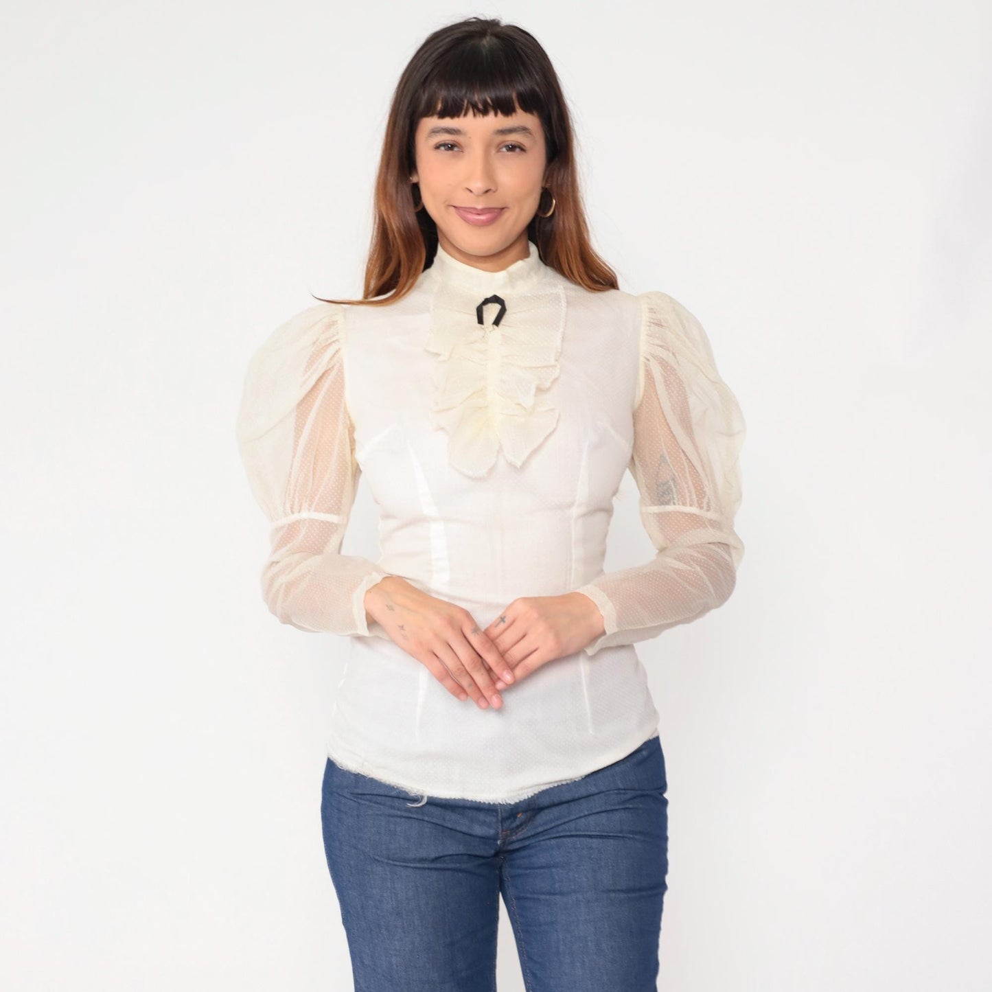 60s White Victorian Blouse Puff Sleeve Ruffle High Neck Bow Tie Small S