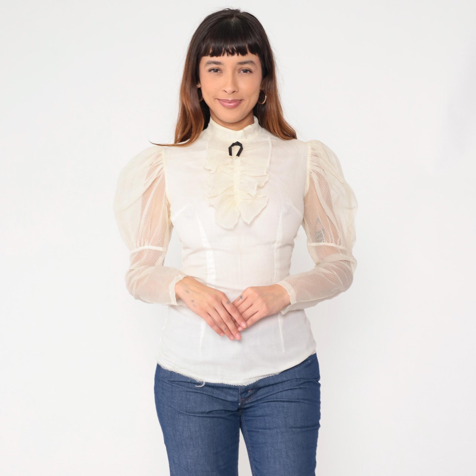 60s White Victorian Blouse Puff Sleeve Ruffle High Neck Bow Tie Small S