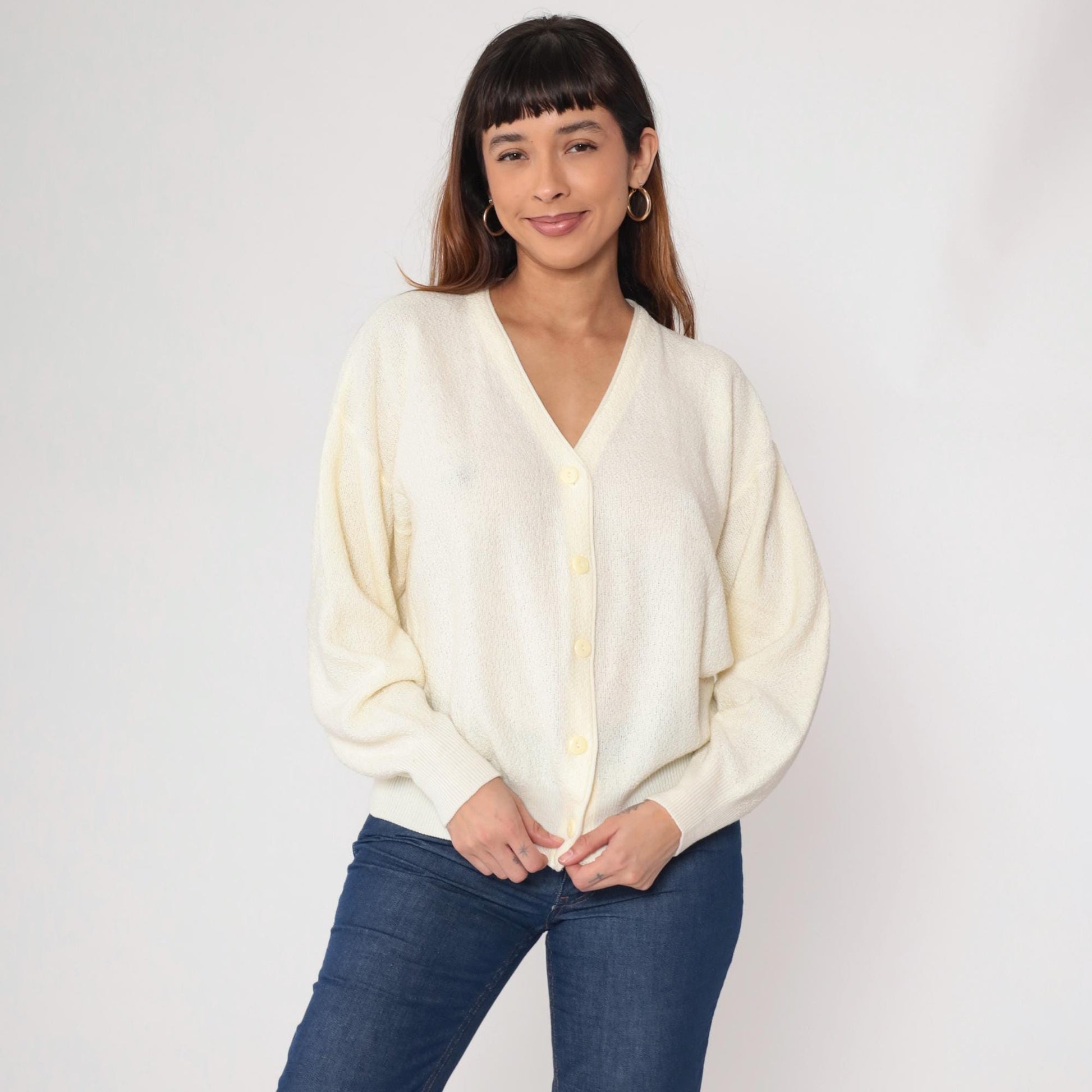 70s Cream Cardigan Button Front V Neck Long Sleeve Knit Medium Large