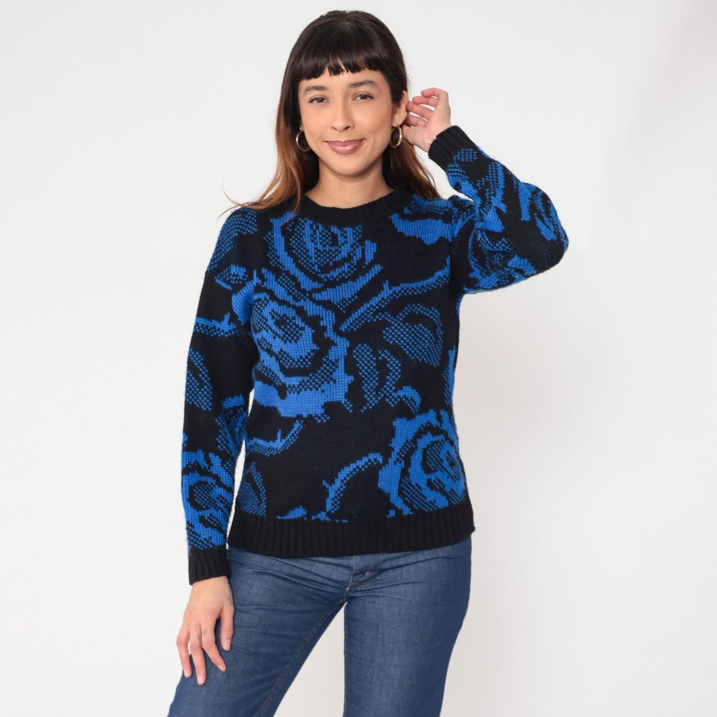 80s Basic Outlook Floral Knit Sweater Blue Black Rose Pattern Crew Neck Medium M
