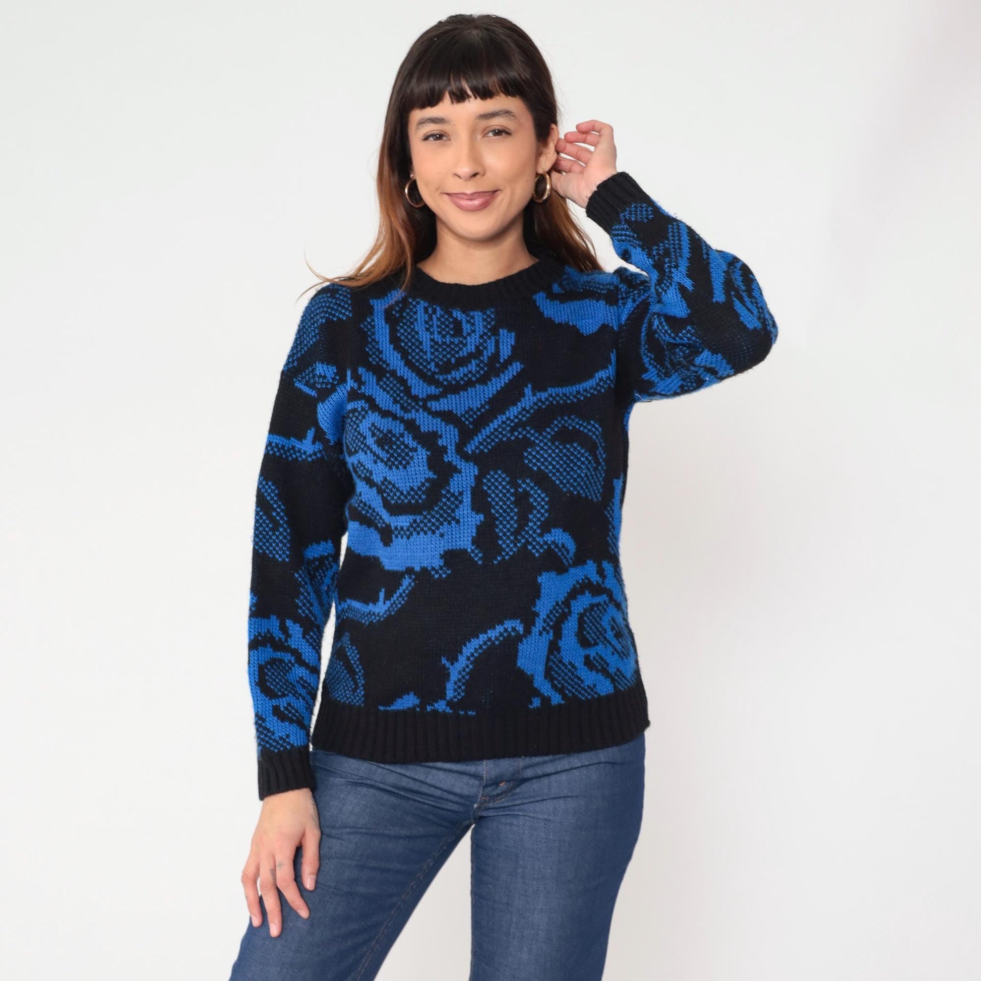 80s Basic Outlook Floral Knit Sweater Blue Black Rose Pattern Crew Neck Medium M