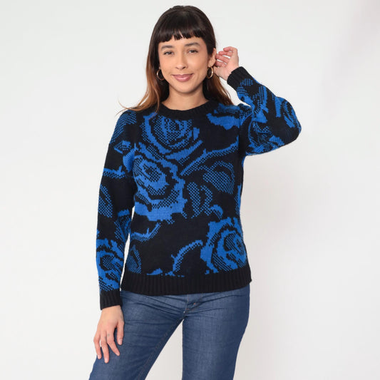 80s Basic Outlook Floral Knit Sweater Blue Black Rose Pattern Crew Neck Medium M