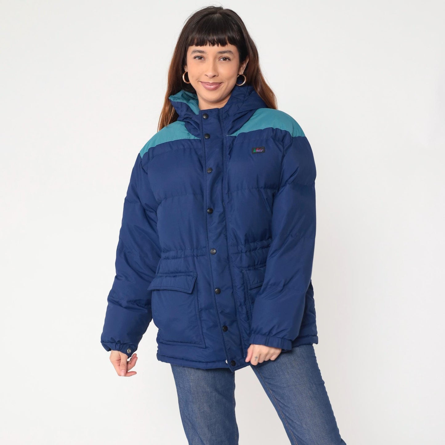 Y2K REI Goose Down Puffer Jacket Navy Teal Colorblock Hooded Extra Large XL