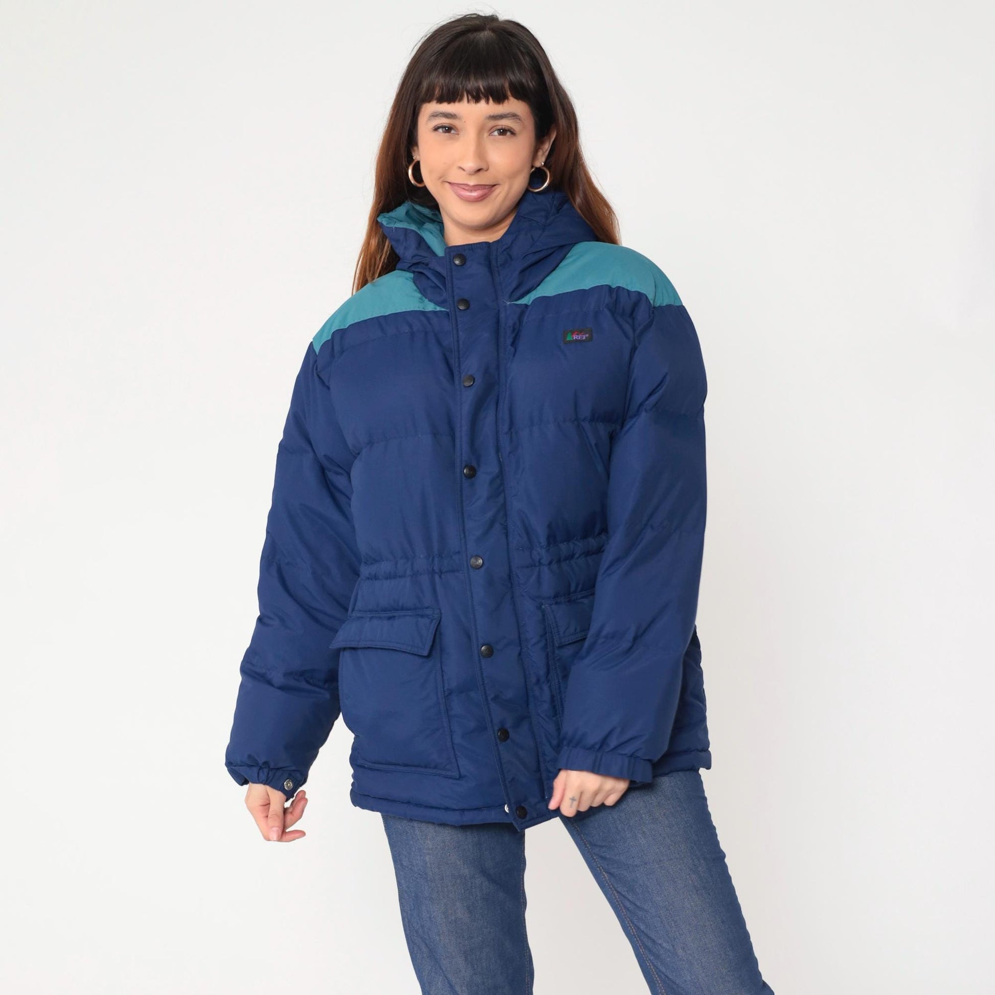 Y2K REI Goose Down Puffer Jacket Navy Teal Colorblock Hooded Extra Large XL