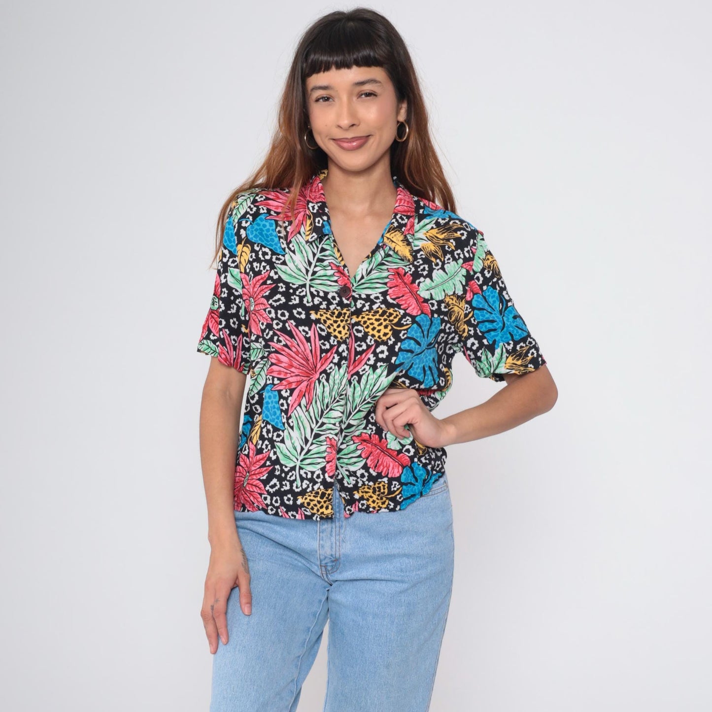 80s Black Hawaiian Shirt Tropical Orchid Floral Rayon Button Up Large