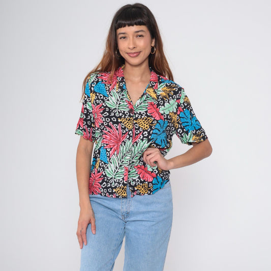 80s Black Hawaiian Shirt Tropical Orchid Floral Rayon Button Up Large