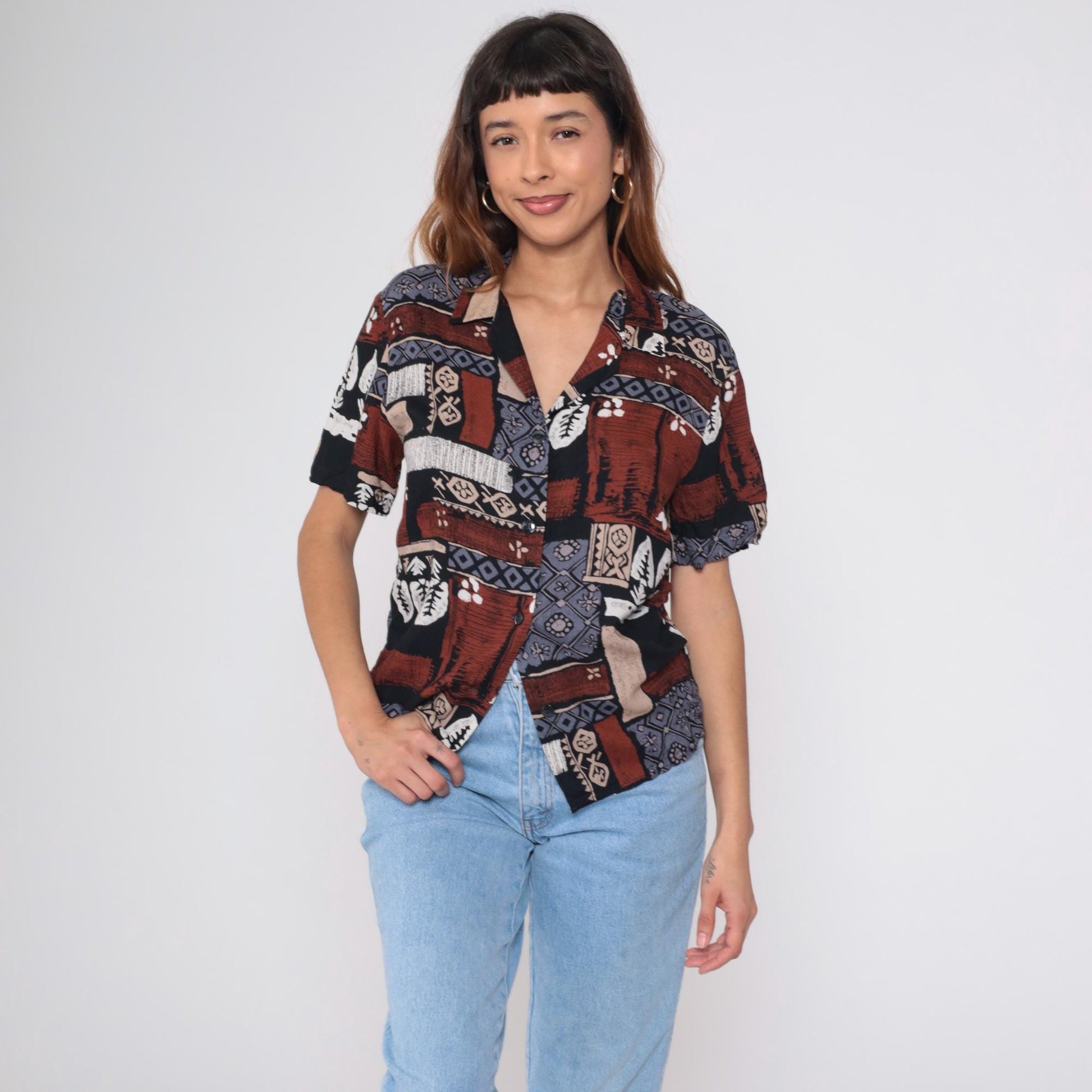 90s Radcliffe Batik Geometric Print Button Blouse Rust Blue Black Medium M