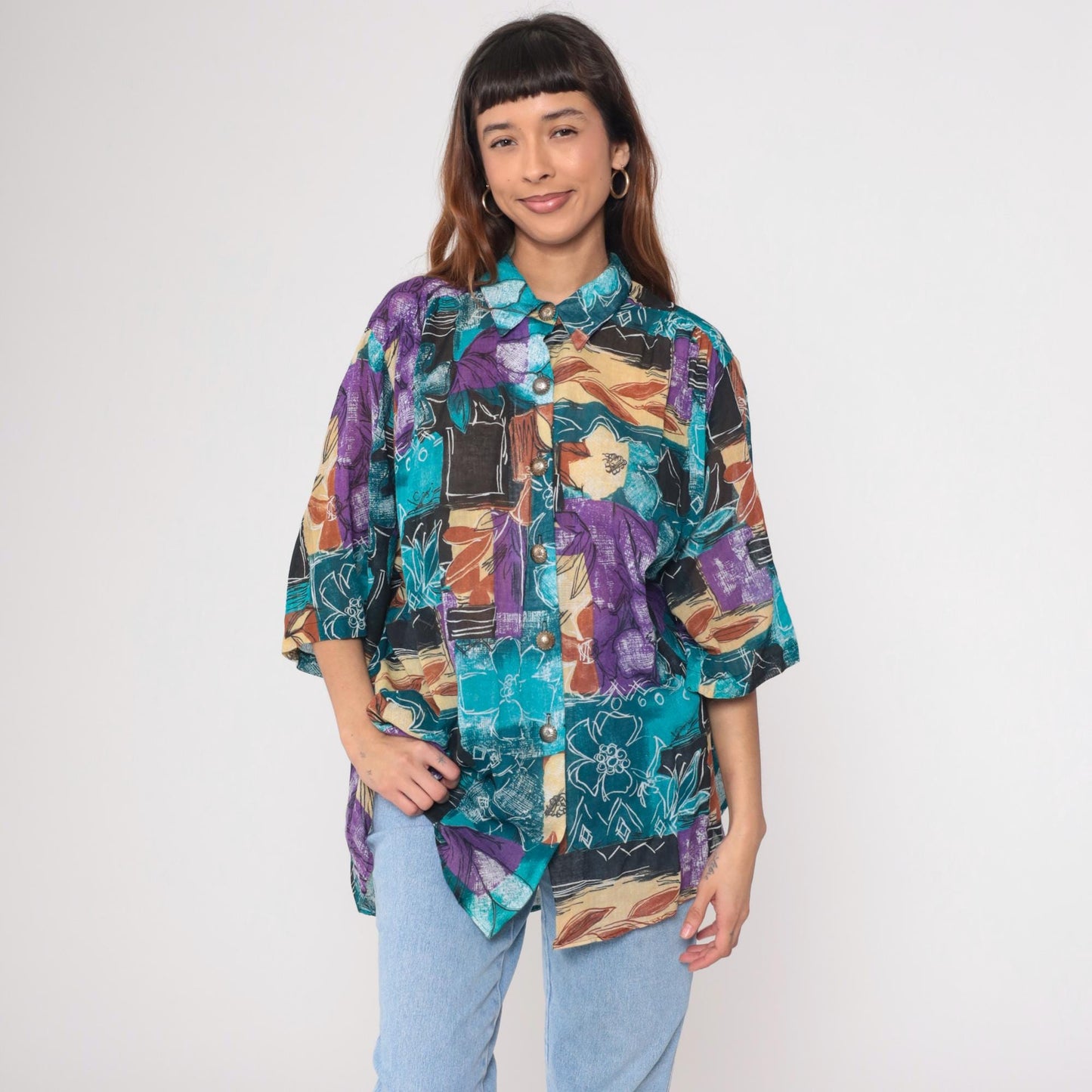 90s Joanna Abstract Watercolor Floral Button Down Blouse Teal Purple Extra Large
