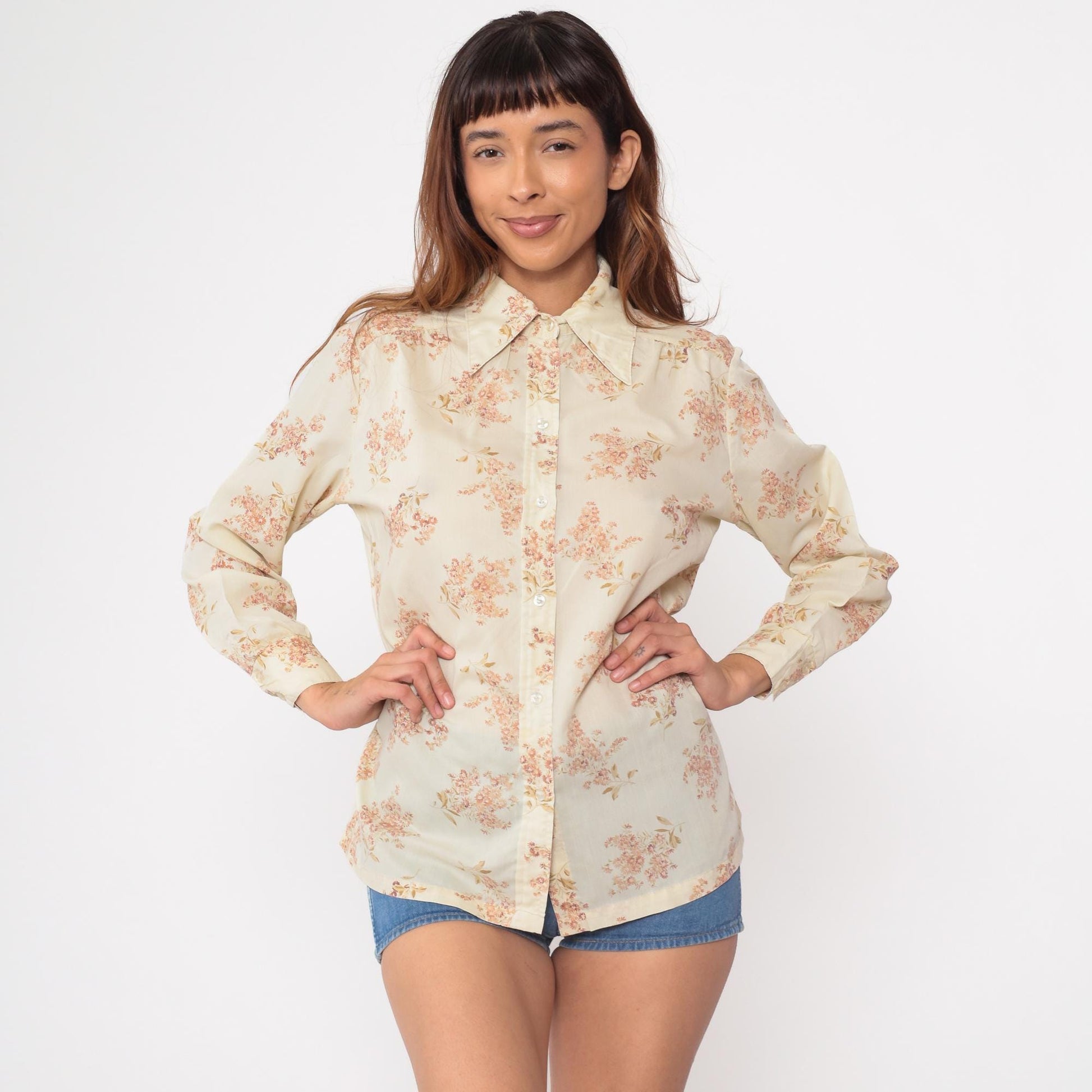 70s Ship n Shore Floral Button-Up Blouse Cream Peach Blossoms Medium M